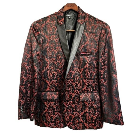 INC Maroon Blk satin Paisley Brocade Formal Tux JacketXXL